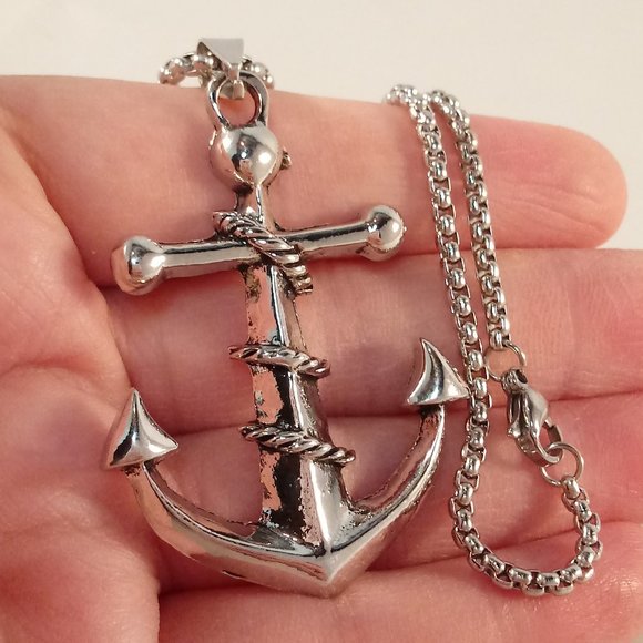 Other - Mens Silver Stainless Steel Boat Anchor Rope Pendant Rolo Chain Necklace Gift